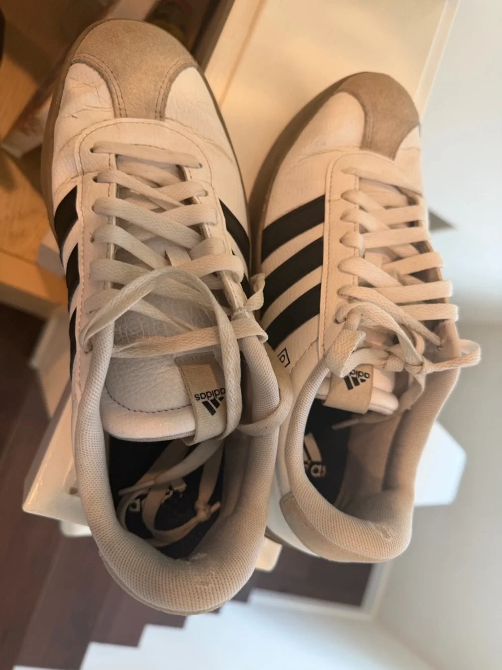 adidas White Sneakers with Black Three Stripes and Brown Sole - Picture 2 of 2